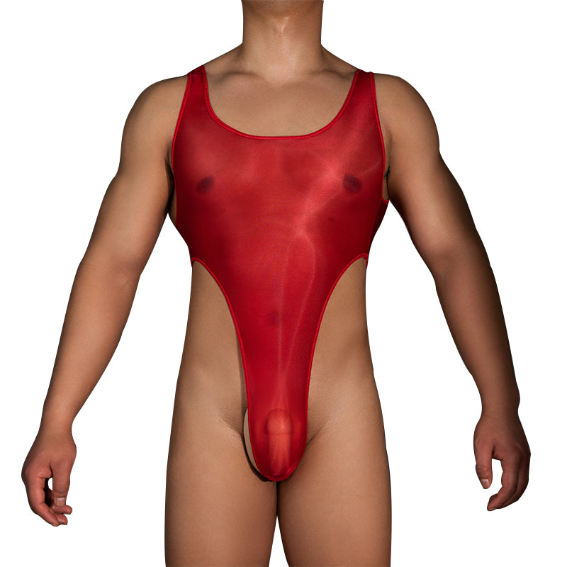 Front view of men’s high cut thong bodysuit in glossy red fabric