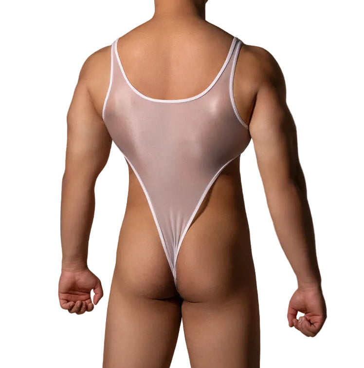 Back view of men’s glossy thong bodysuit with open back design white