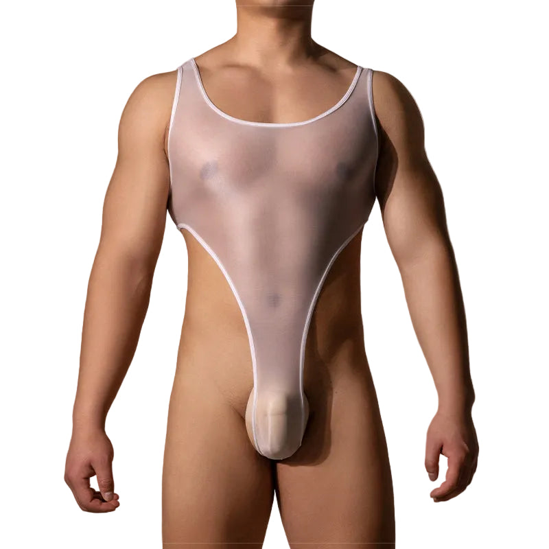 Front view of men’s high cut thong bodysuit in glossy white fabric