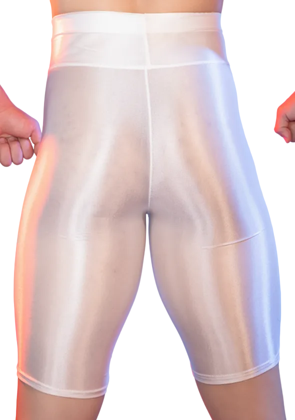 Back view of white men’s satin compression shorts