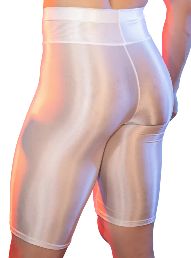 Side profile of men’s satin compression shapewear shorts white