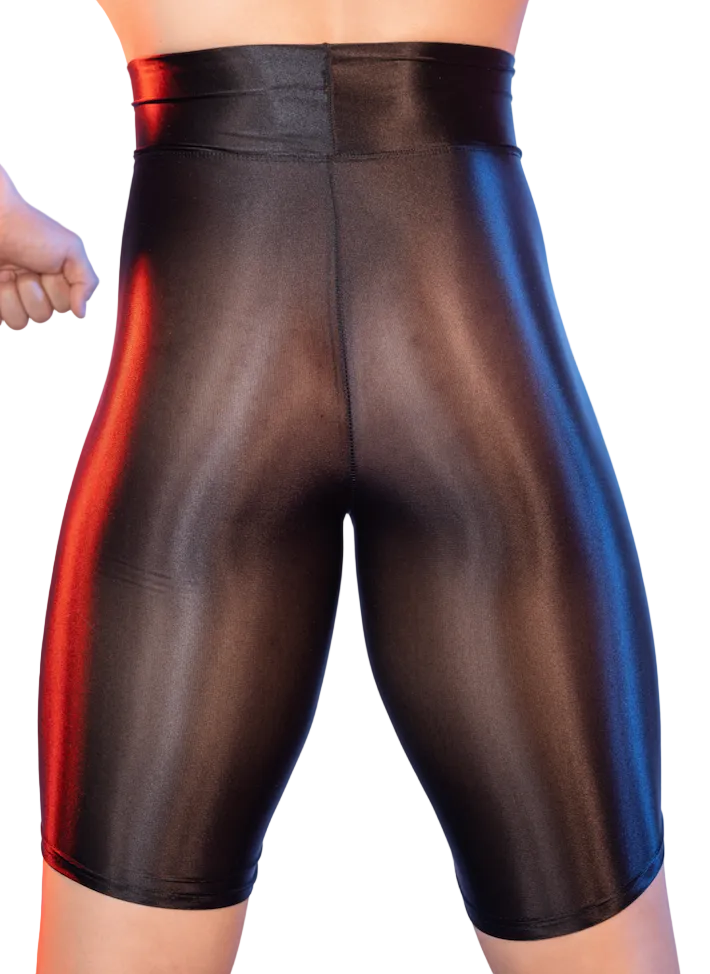 Back view of black men’s satin compression shorts