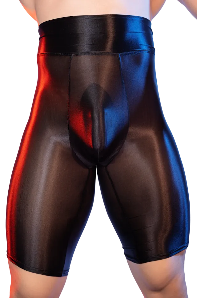 Front view of men’s high waist shapewear shorts in black satin fabric