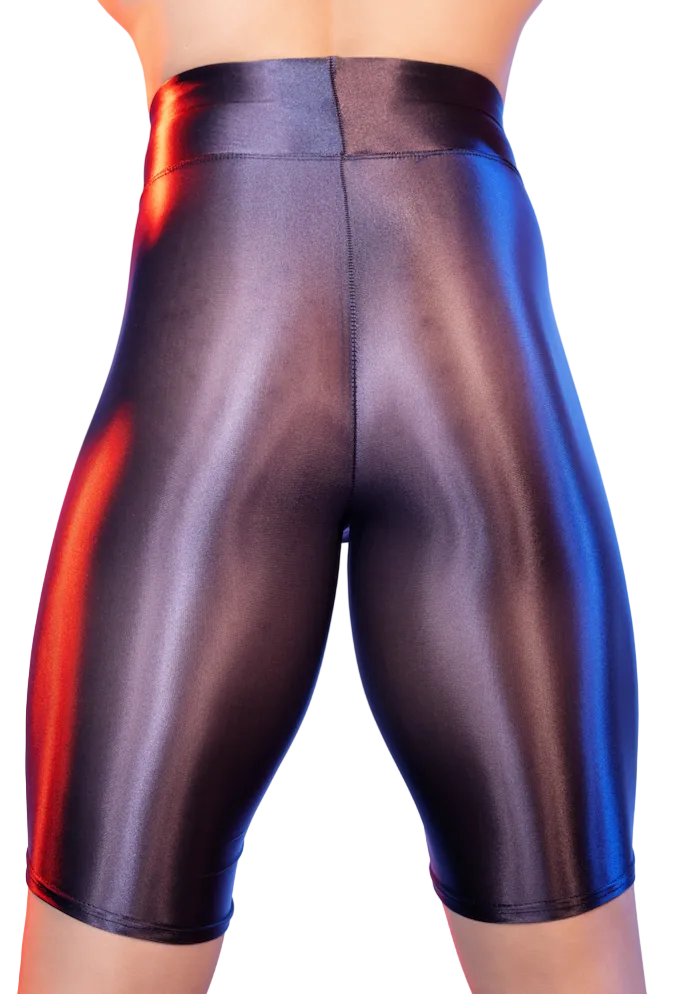 Back view of grey men’s satin compression shorts