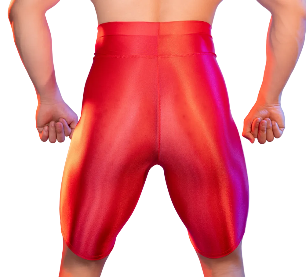 Back view of red men’s satin compression shorts