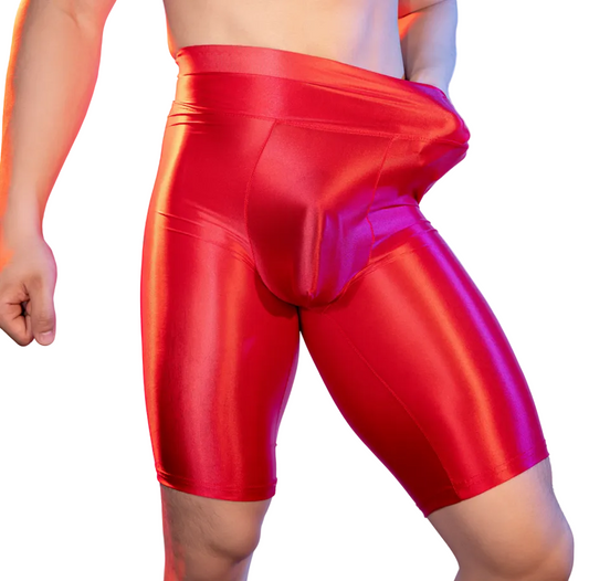 Front view of men’s high waist shapewear shorts in red satin fabric