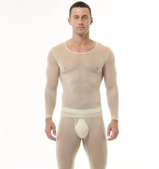 Front view of beige men’s ice silk baselayer set worn by model