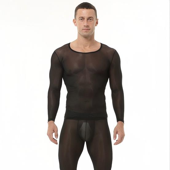 Front view of black men’s ice silk baselayer set worn by model