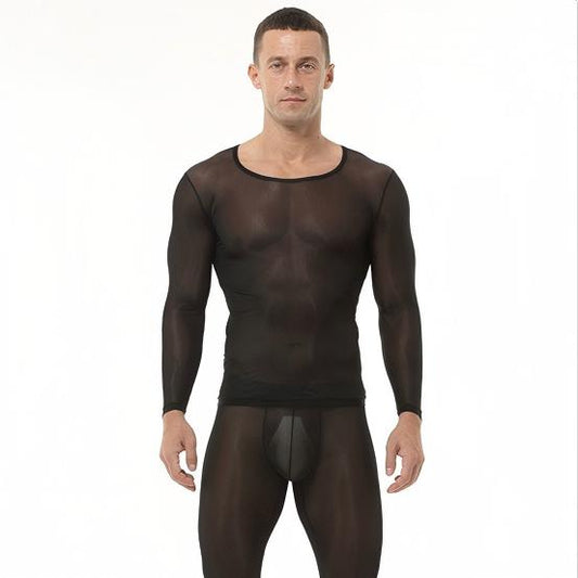 Front view of black men’s ice silk baselayer set worn by model