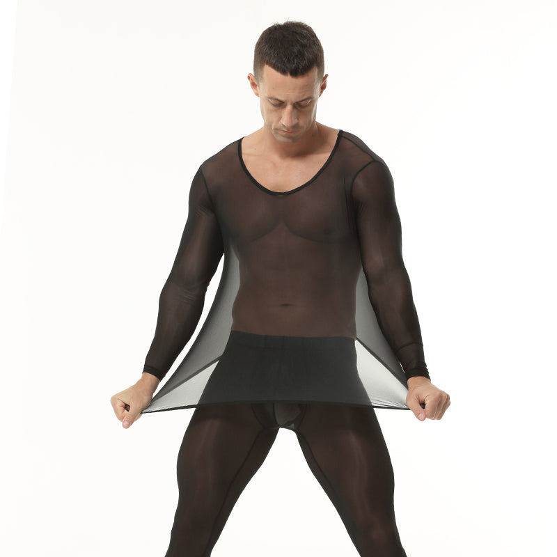 Black men’s ice silk baselayer set showing stretch fit and body-contouring design