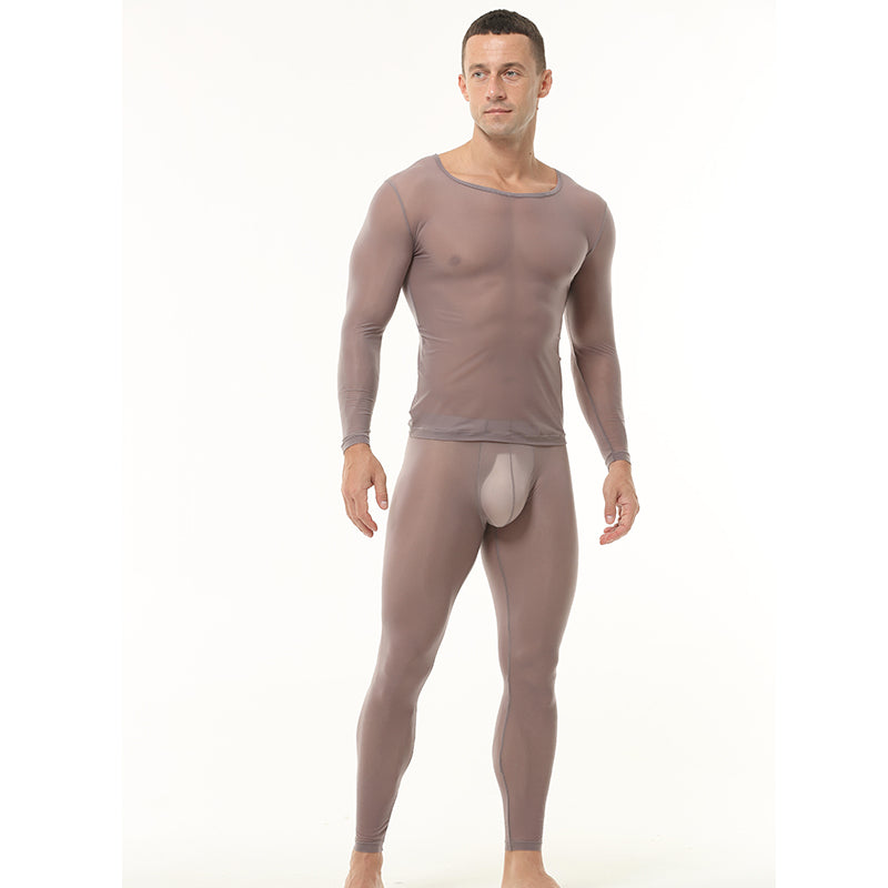 Side profile of gray men’s stretch baselayer set