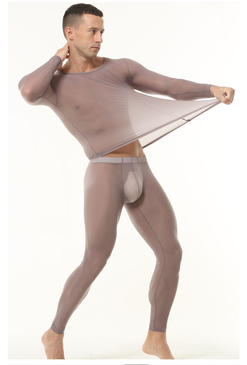 Gray men’s ice silk baselayer set showing stretch fit and body-contouring design