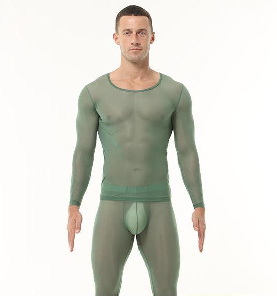 Front view of green men’s ice silk baselayer set worn by model