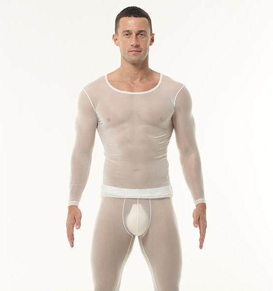 Front view of white men’s ice silk baselayer set worn by model