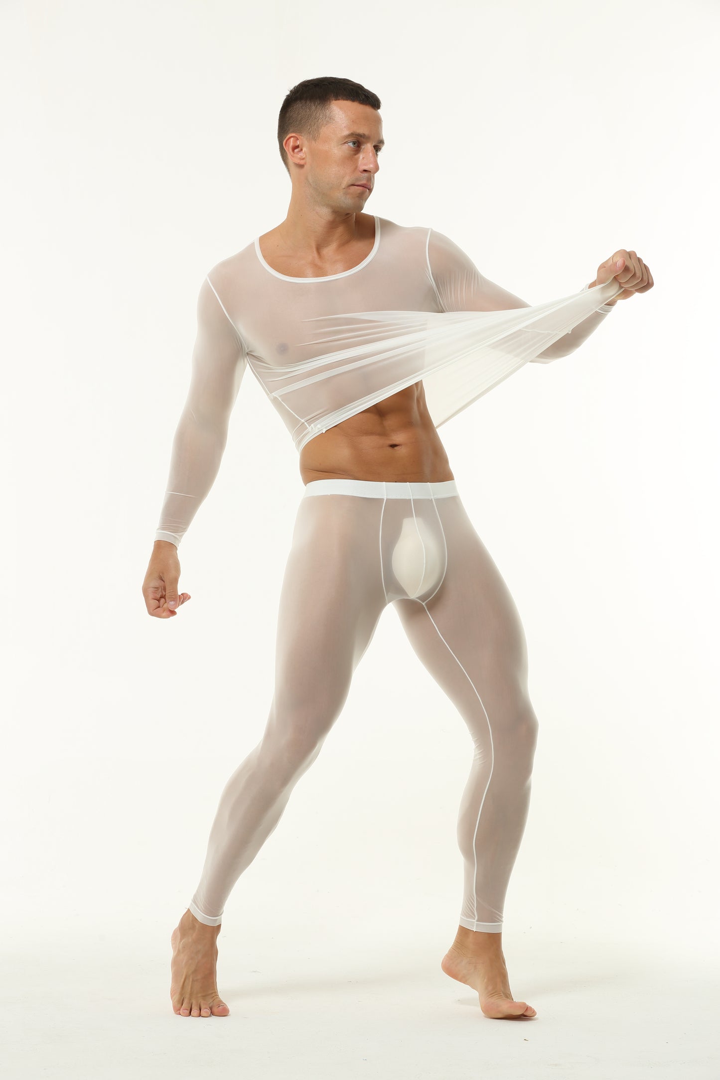 Side profile of white men’s stretch baselayer set