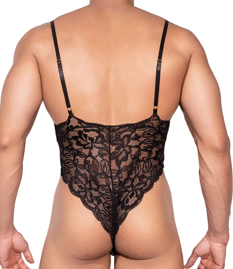 Back view of black men’s lace bodysuit