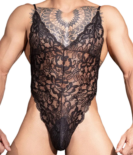 Front view of black men’s lace bodysuit worn by model
