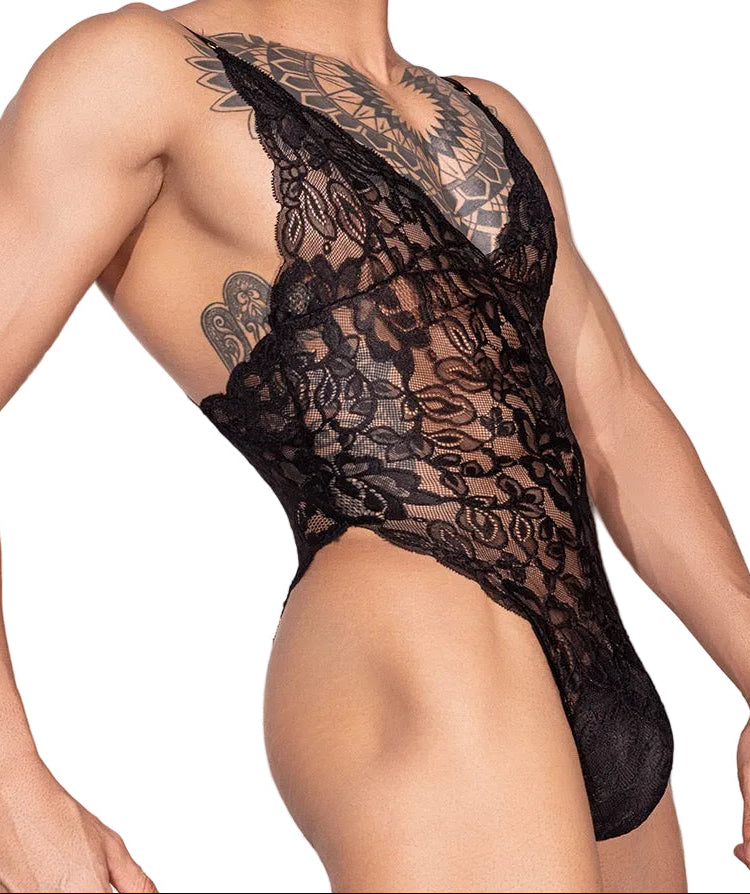 Side profile of black men’s lace bodysuit