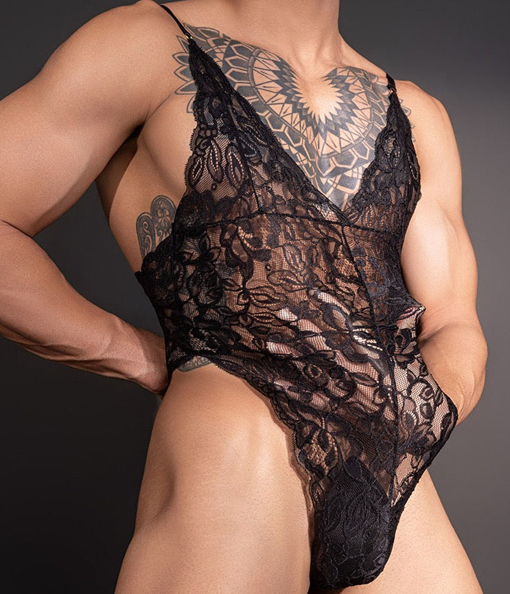 Men’s lace bodysuit demonstrating stretch fabric and flexibility