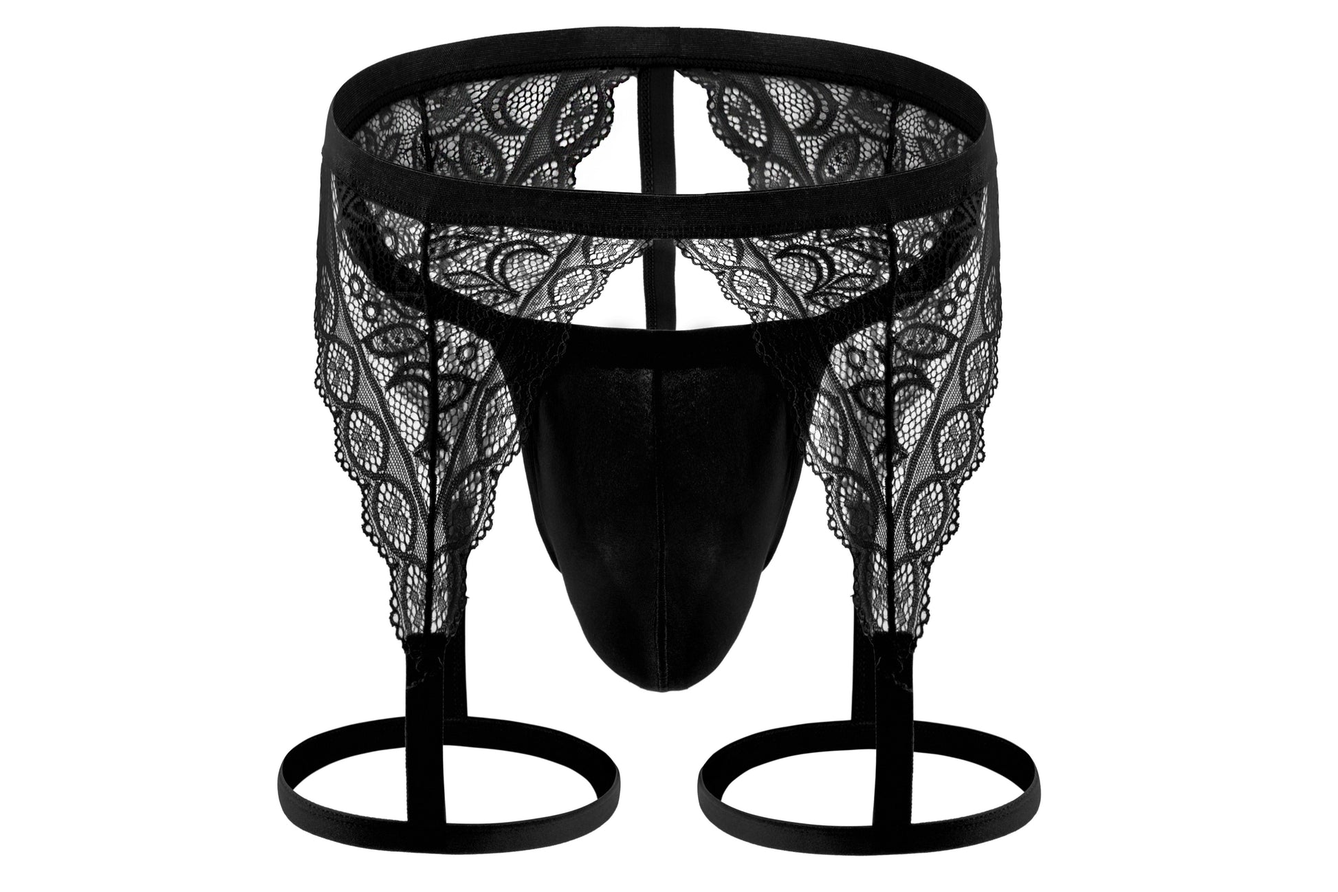 Black men’s lace garter G-string product view