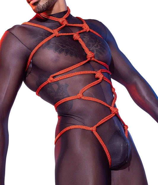 Close-up detail of red rope harness on sheer men’s bodysuit