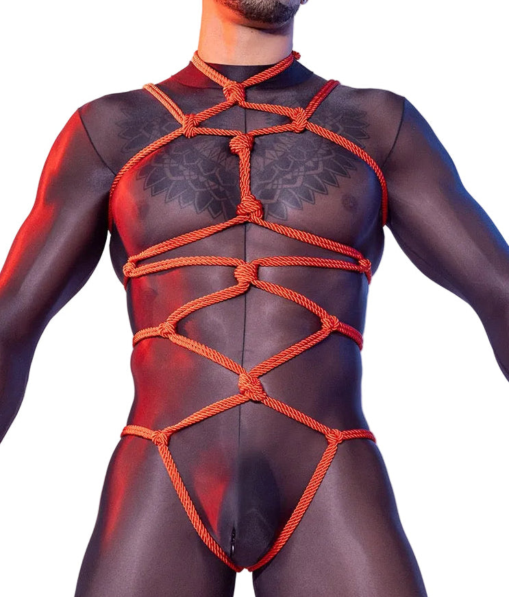Front view of men’s red rope harness and sheer unitard set