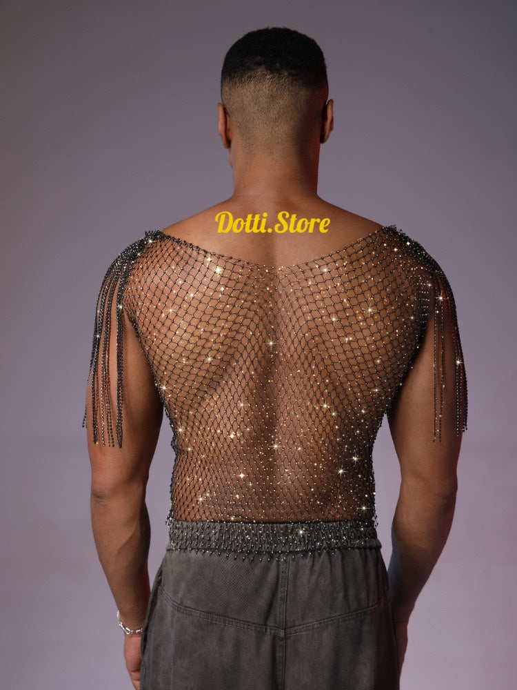 Back view of men’s fishnet tank top with shoulder tassels