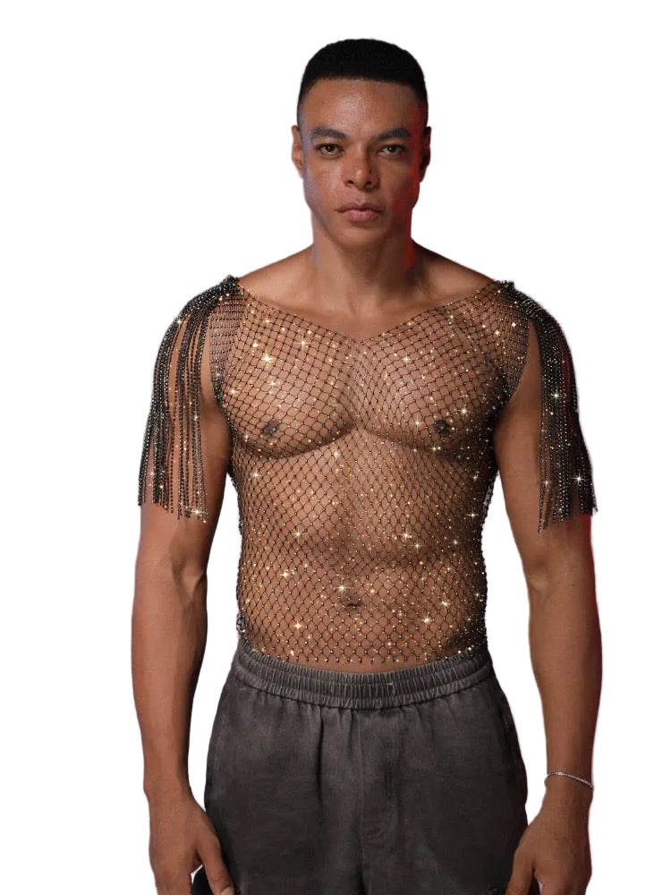 Front view of men’s rhinestone fishnet tank top with tassels