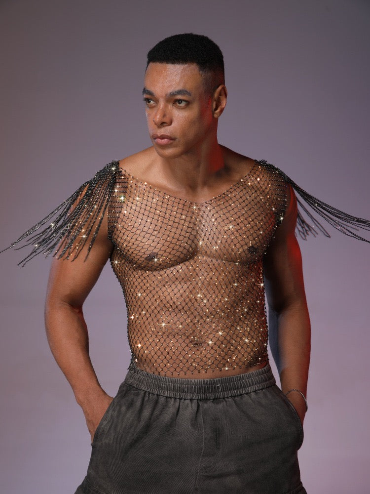 Full styling look of men’s rhinestone fishnet tank top