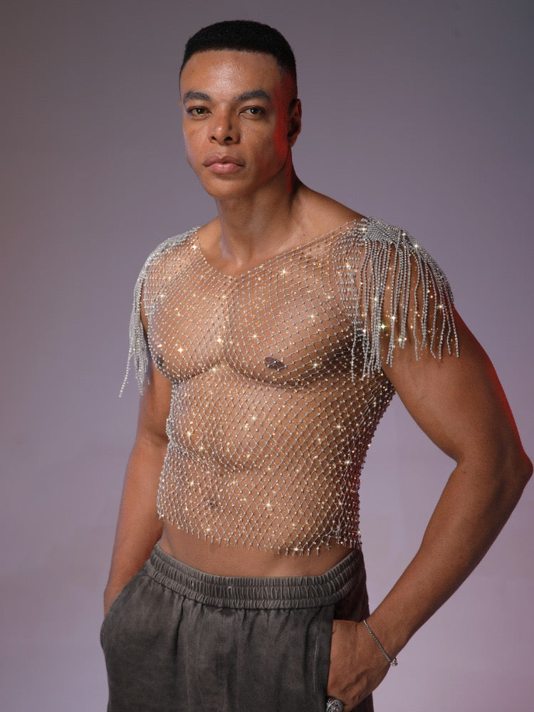 Side profile of men’s rhinestone mesh tank top