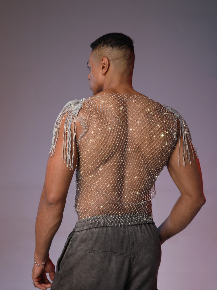 Back view of men’s fishnet tank top with shoulder tassels white