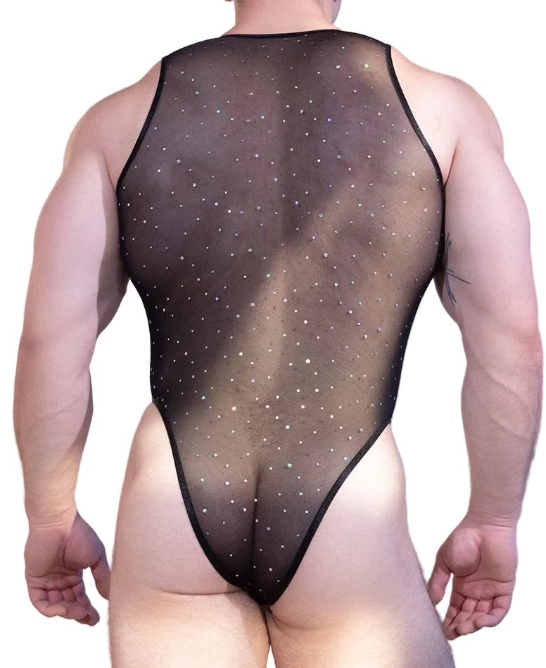 Back view of sheer men’s mesh bodysuit with rhinestone details black