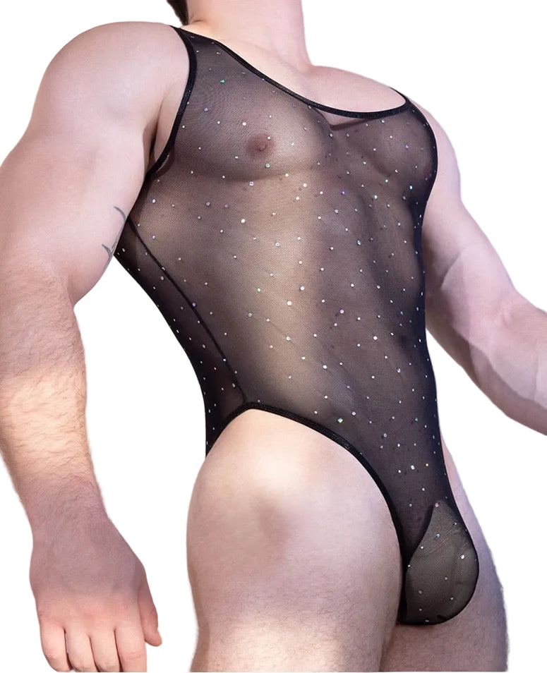 Front view of men’s rhinestone mesh bodysuit in black sheer stretch fabric