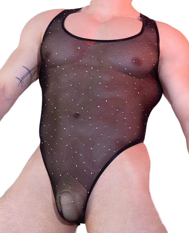 Front view of men’s rhinestone mesh bodysuit in sheer stretch fabric black