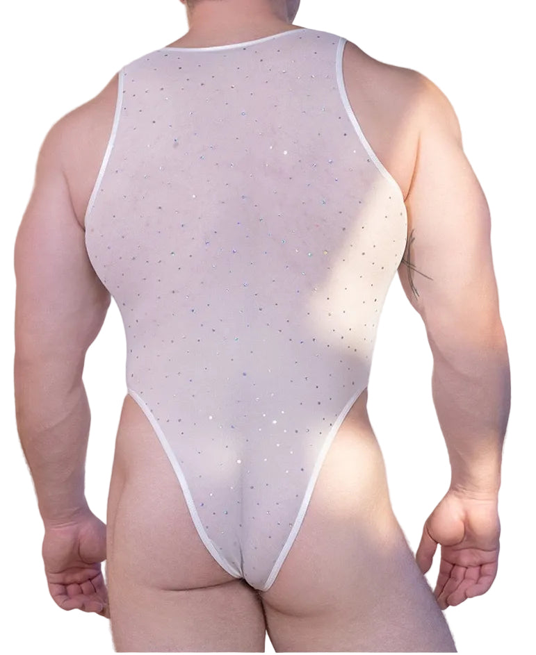 Back view of sheer men’s mesh bodysuit white with rhinestone details