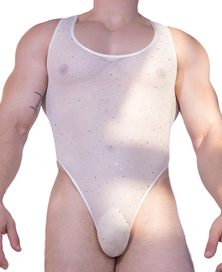 Close-up of rhinestone detailing on men’s sheer mesh bodysuit white