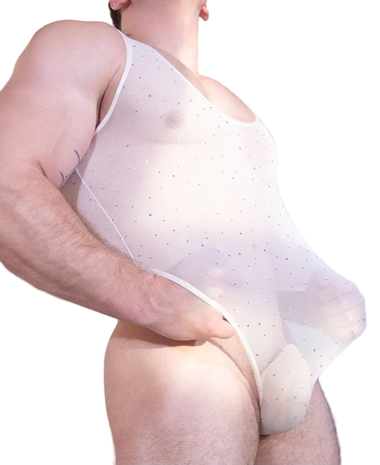 Front view of men’s rhinestone mesh bodysuit in white sheer stretch fabric