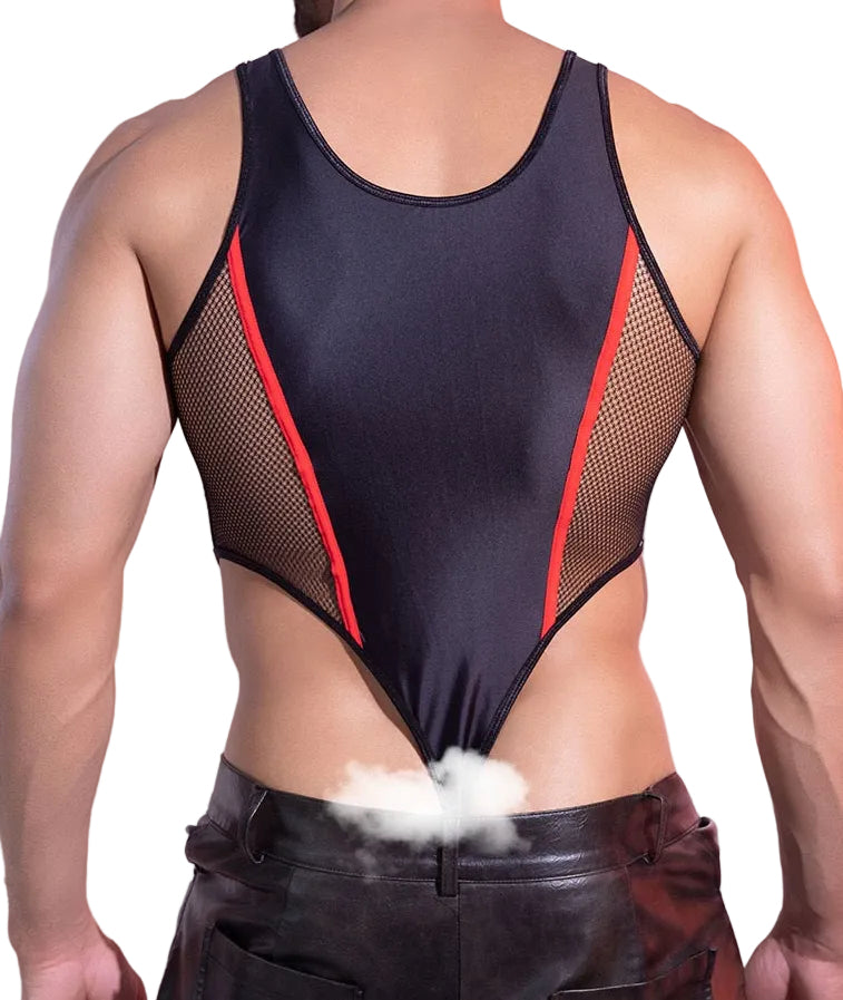 Back view of men’s mesh thong bodysuit black with satin detailing