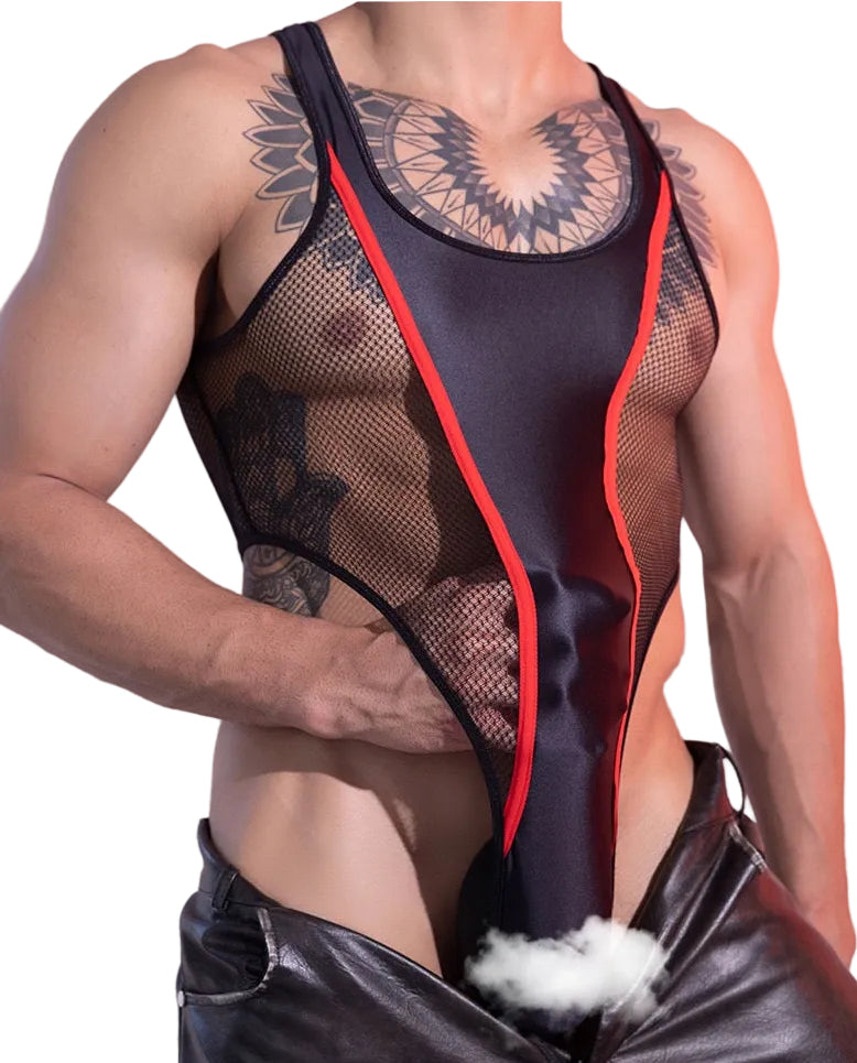 Men’s sheer satin mesh bodysuit with sculpted stretch black fit