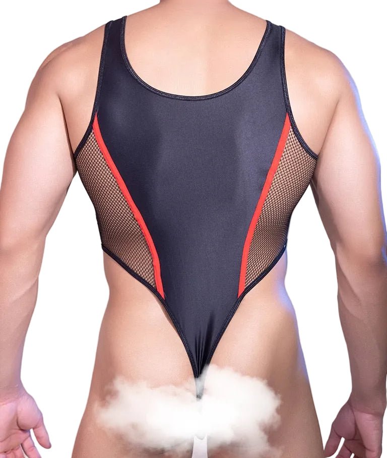 Close-up detail of satin and mesh fabric on men’s bodysuit