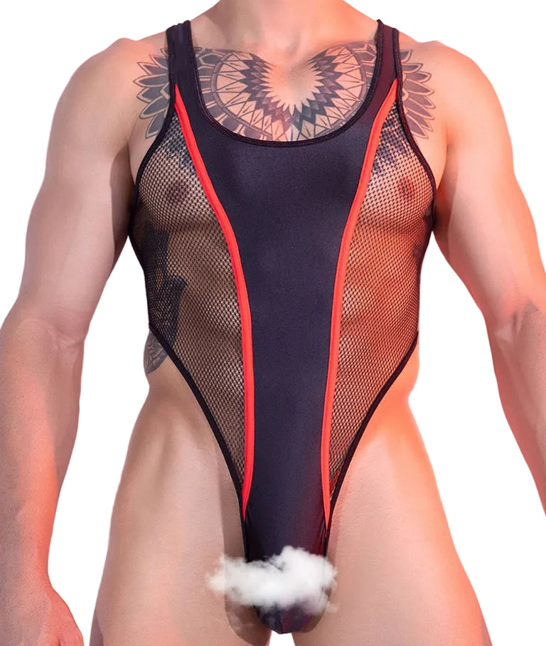 Men’s sheer satin mesh bodysuit with sculpted stretch fit