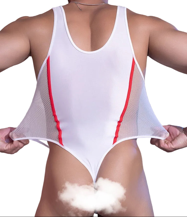 Back view of men’s mesh thong bodysuit with satin detailing white