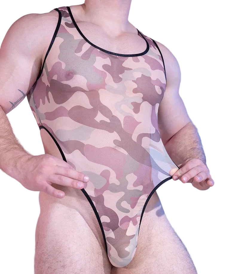 Close-up detail of sheer camouflage mesh fabric on men’s bodysuit