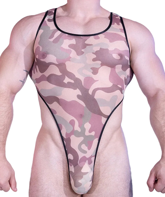 Front view of men’s sheer camouflage mesh bodysuit