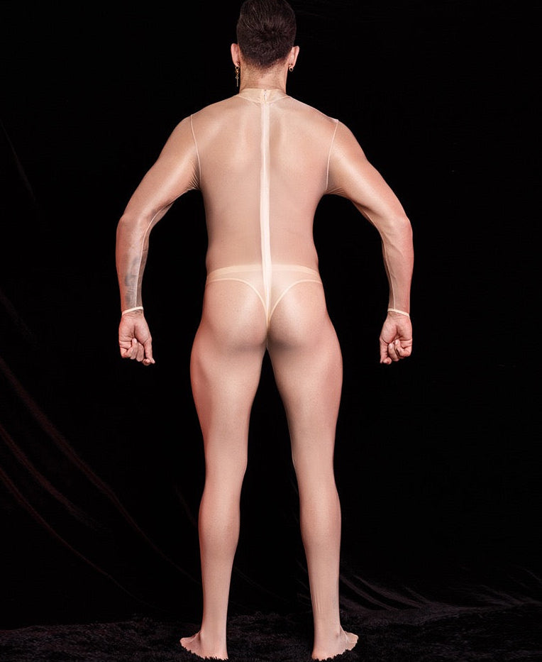 Back zip detail on beige men’s sheer footed bodystocking