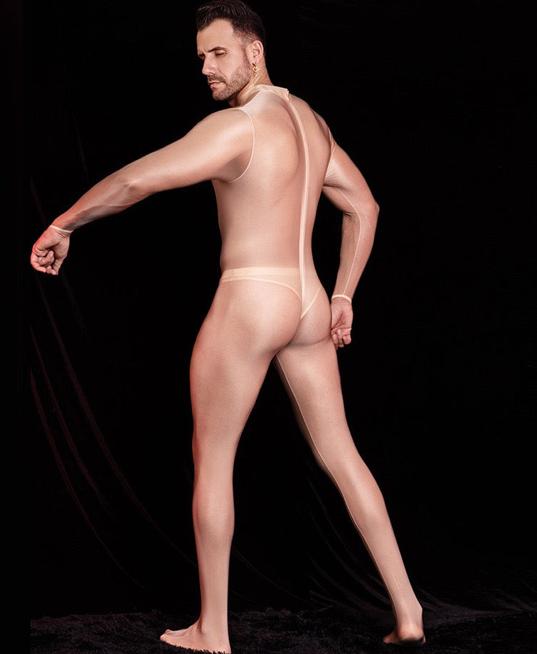 Back view of beige men’s sheer footed bodystocking with zip closure