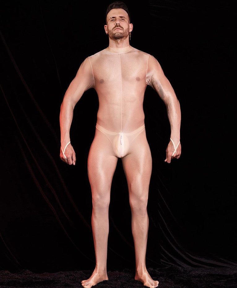 Front view of beige men’s sheer footed bodystocking