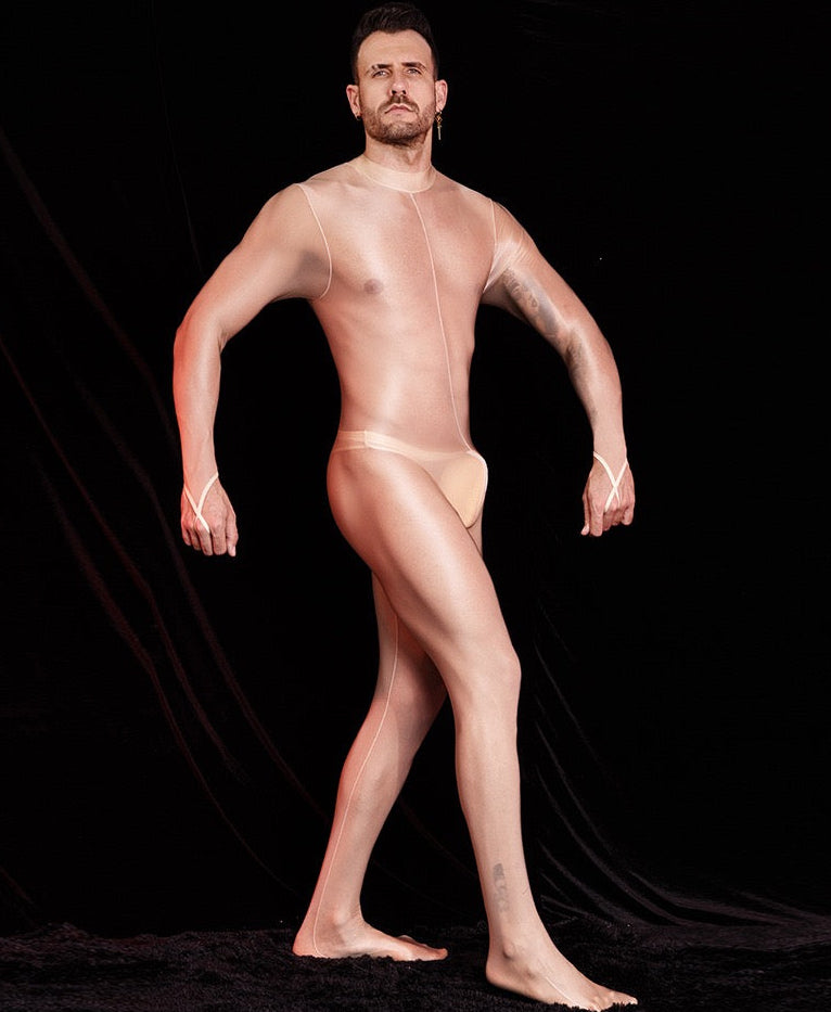 Side profile of beige men’s footed bodystocking