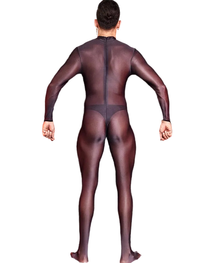 Back view of black men’s sheer footed bodystocking with zip closure
