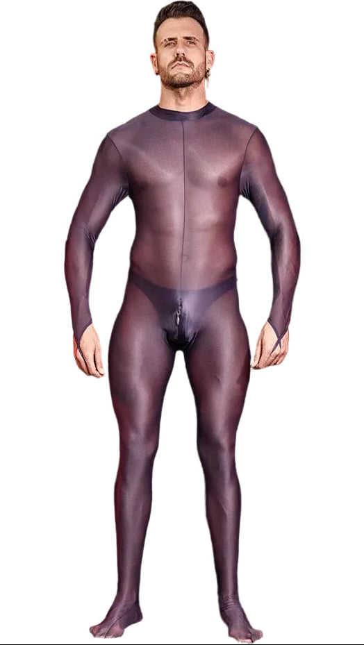 Front view of black men’s sheer footed bodystocking